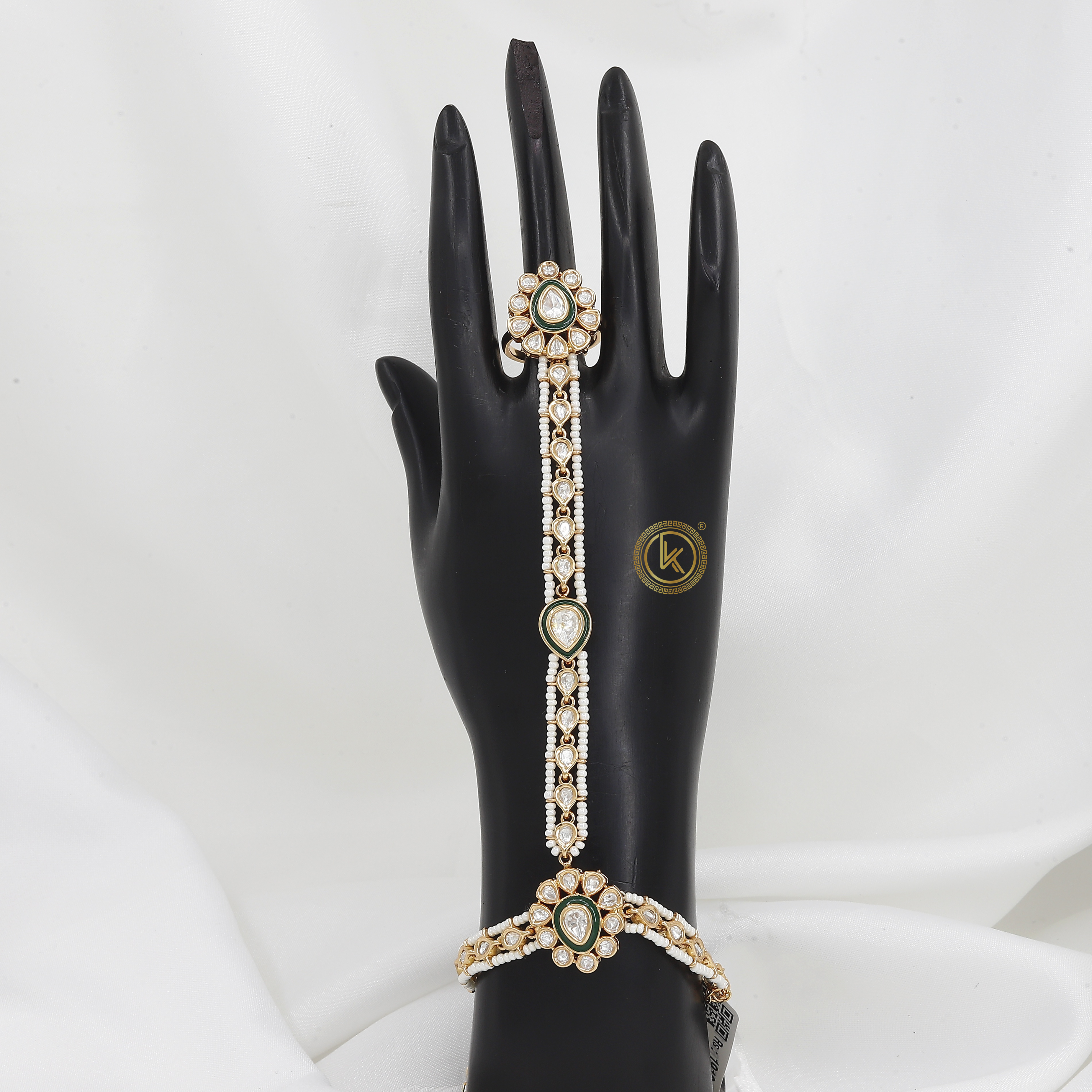 Elegant Gold Hathphool with Kundan & Green Enamel