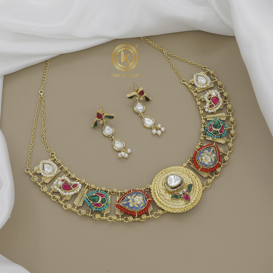 Elegant Gold Plated Jadau Mishr Necklace Set