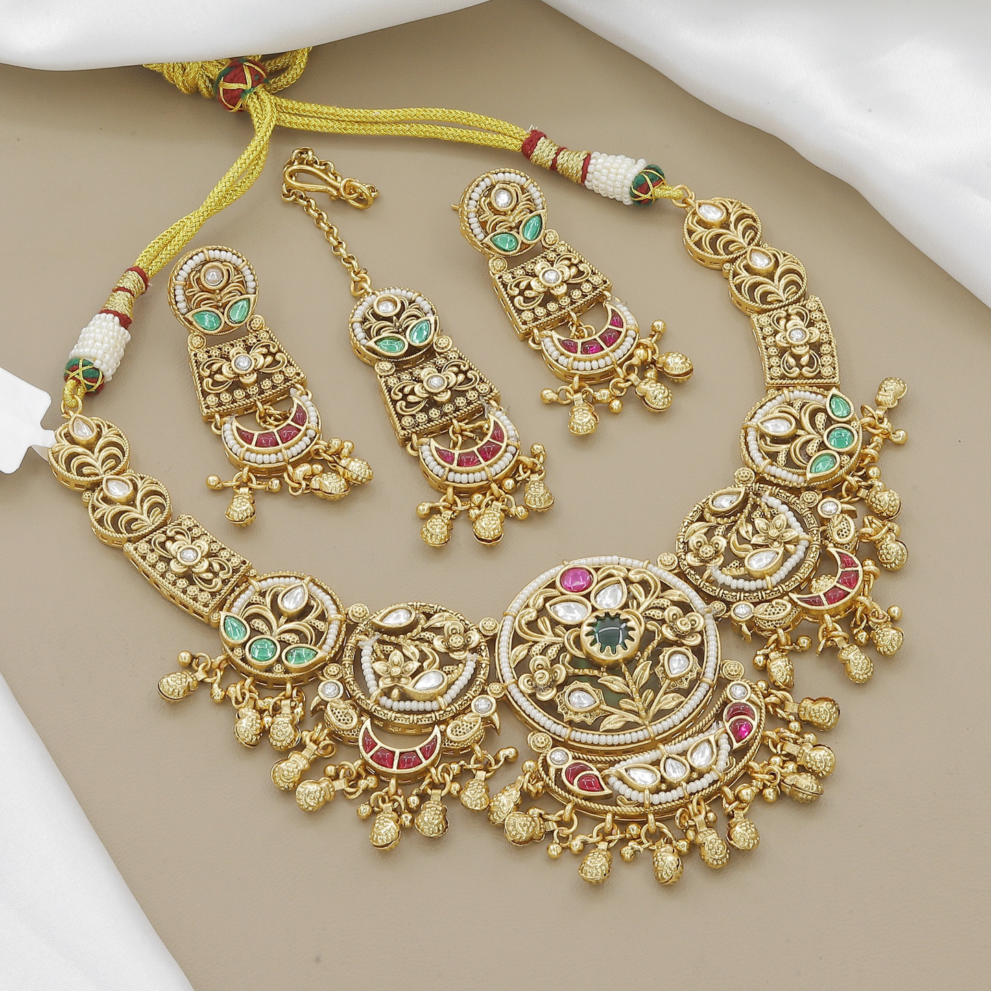 Elegant Gold-Toned Pearl & Green Stone Floral Necklace Set with Earrings