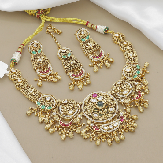 Elegant Gold-Toned Pearl & Green Stone Floral Necklace Set with Earrings
