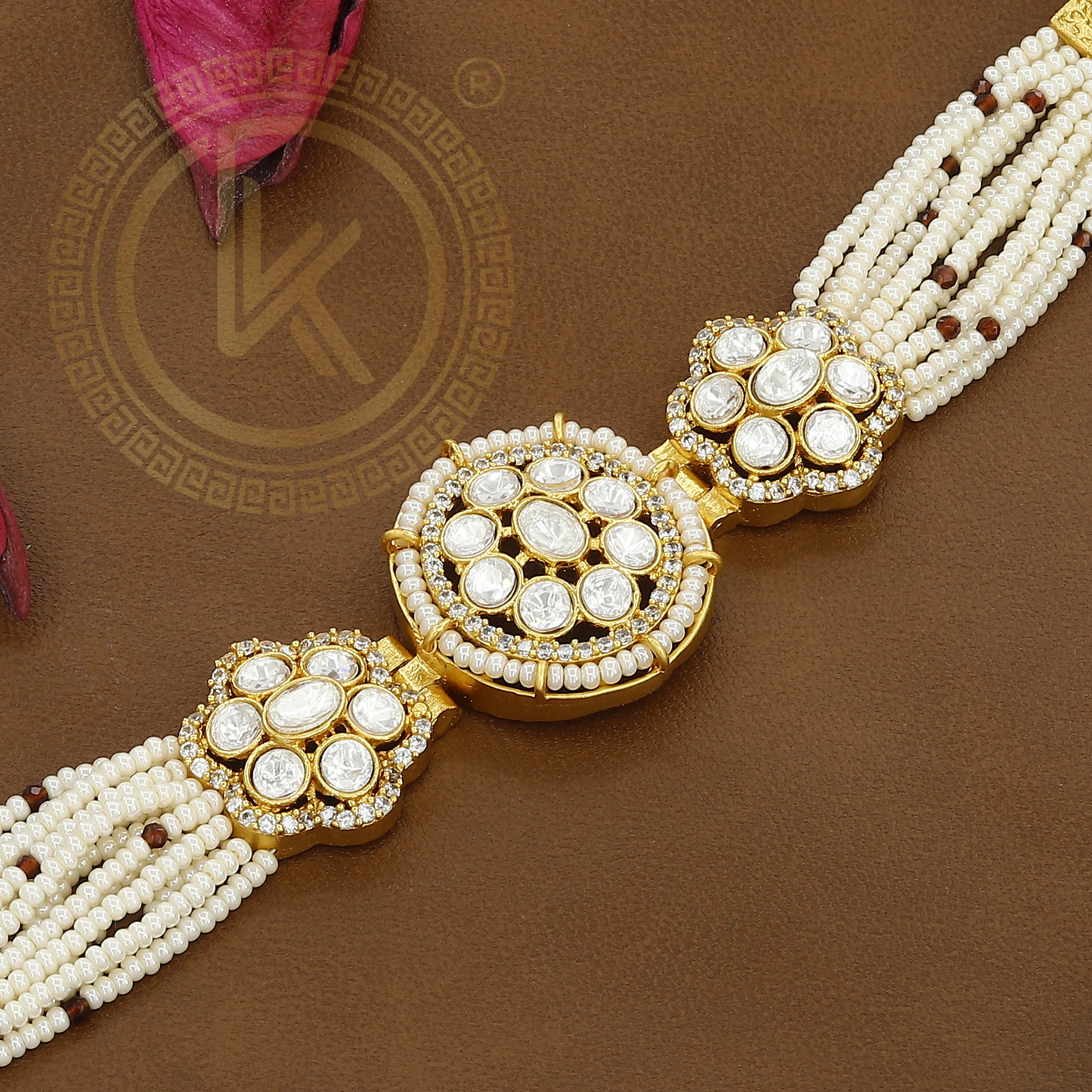 Elegant Pearl & Gold Hand Kundan Antique Bracelet