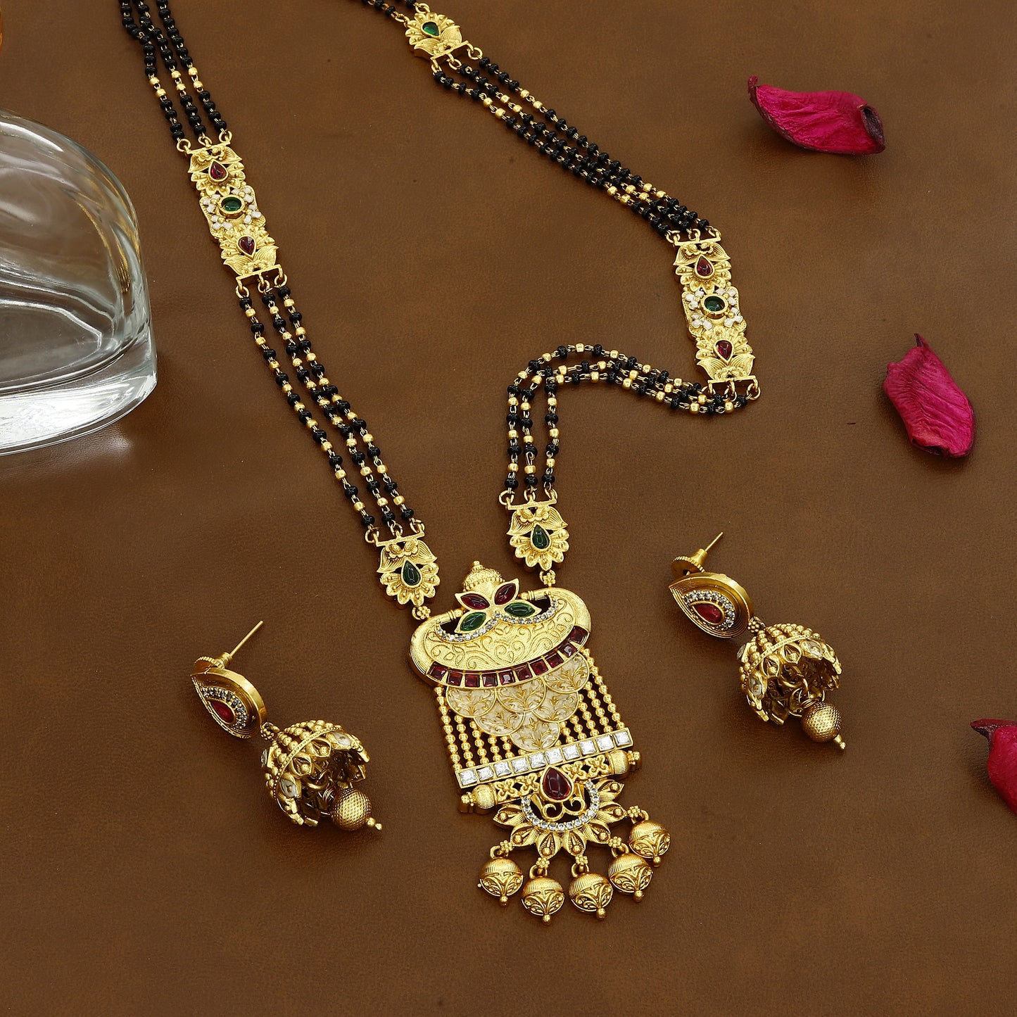 Exquisite Rajwadi Mina Gold Mangalsutra Set with Black Beads