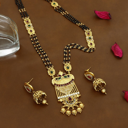 Exquisite Rajwadi Mina Gold Mangalsutra Set with Black Beads