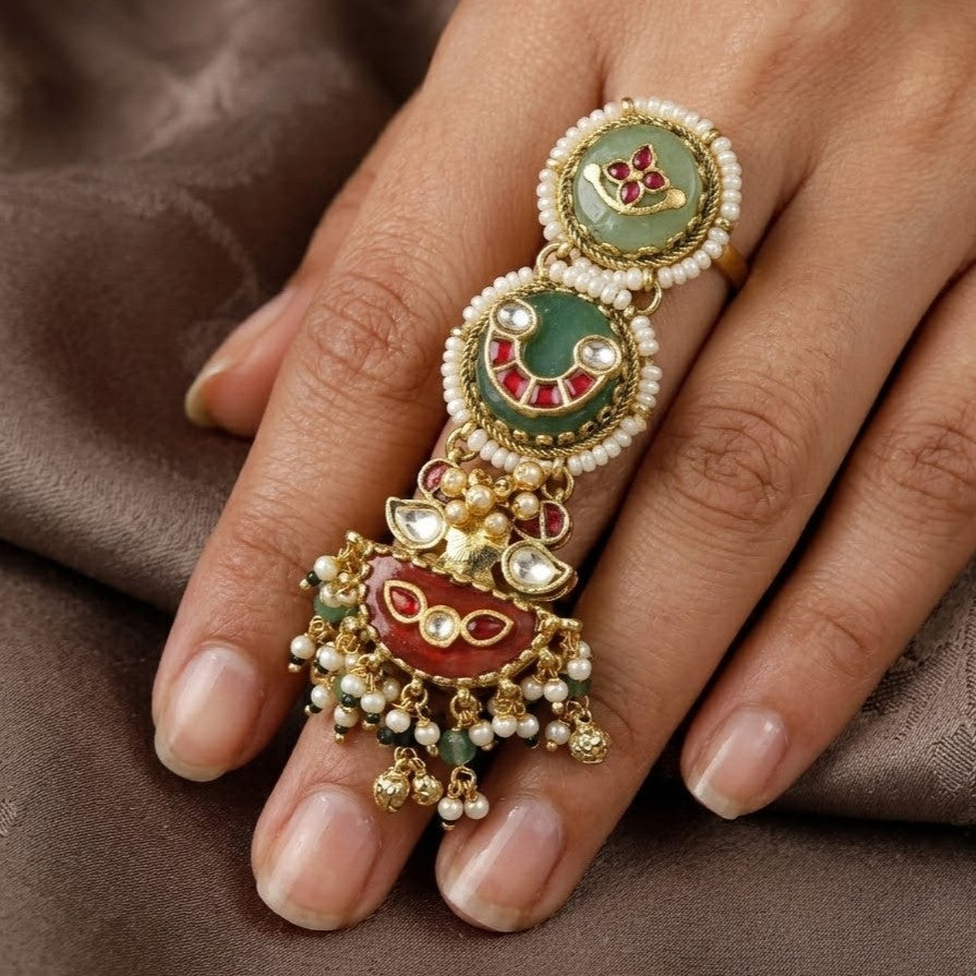 Gold-Plated Green Jade and Red Enamel Heritage Statement Ring