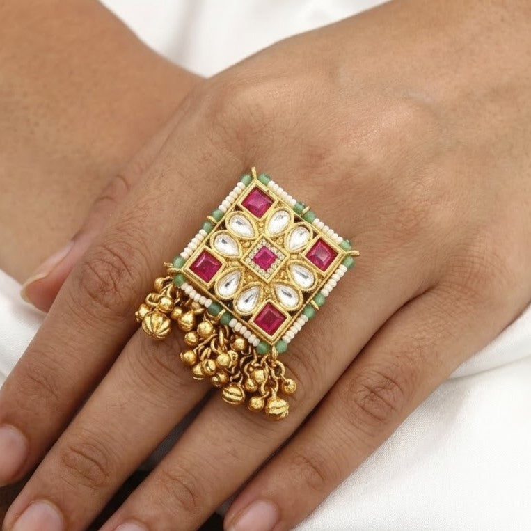 Ruby, White & Green Stone Kundan Freesize Ring