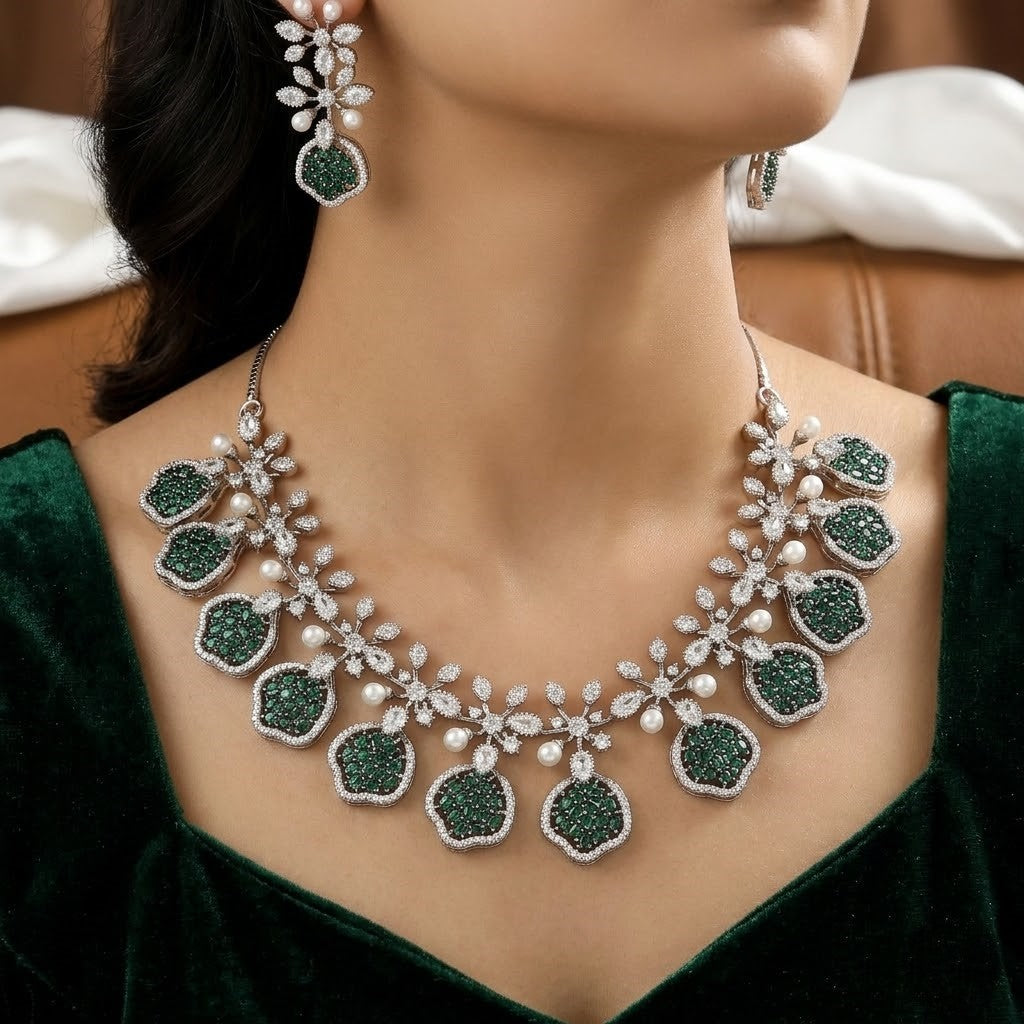 CZ & Pearl Floral Diamond Necklace and Earring Set