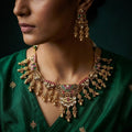 Antique Gold Plated Necklace Set with Dark Enamel & Danglers