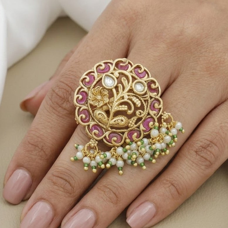 Antique Gold-Plated Floral Ring with Ruby & Polki Stones