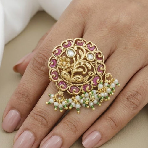 Antique Gold-Plated Floral Ring with Ruby & Polki Stones