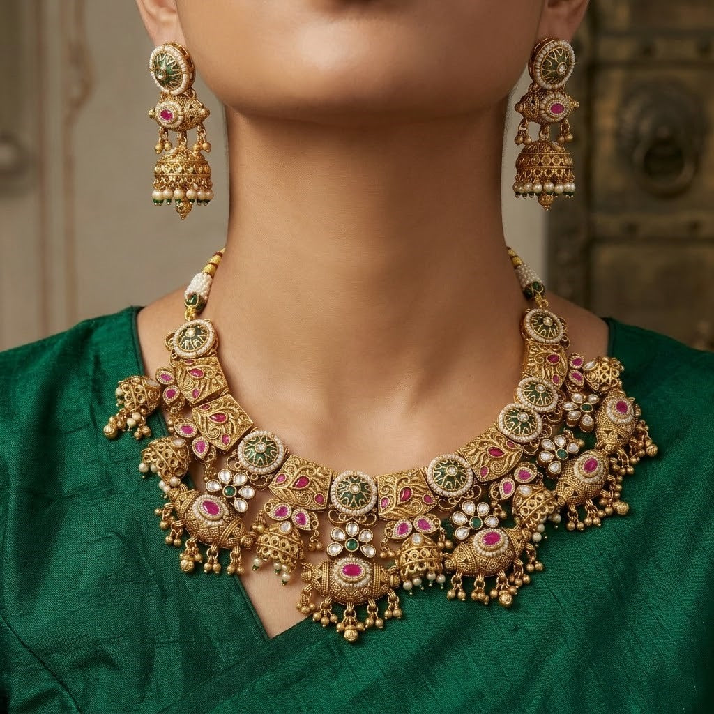Ethnic Antique Finish Stone Studded Gold Plated Necklace Set