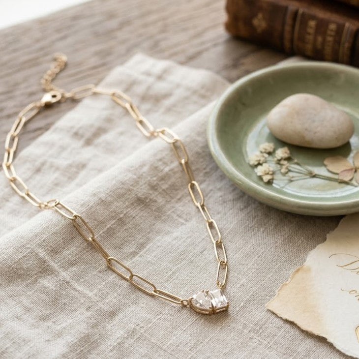 Elegant Gold Paperclip Necklace with Double Crystal Pendant