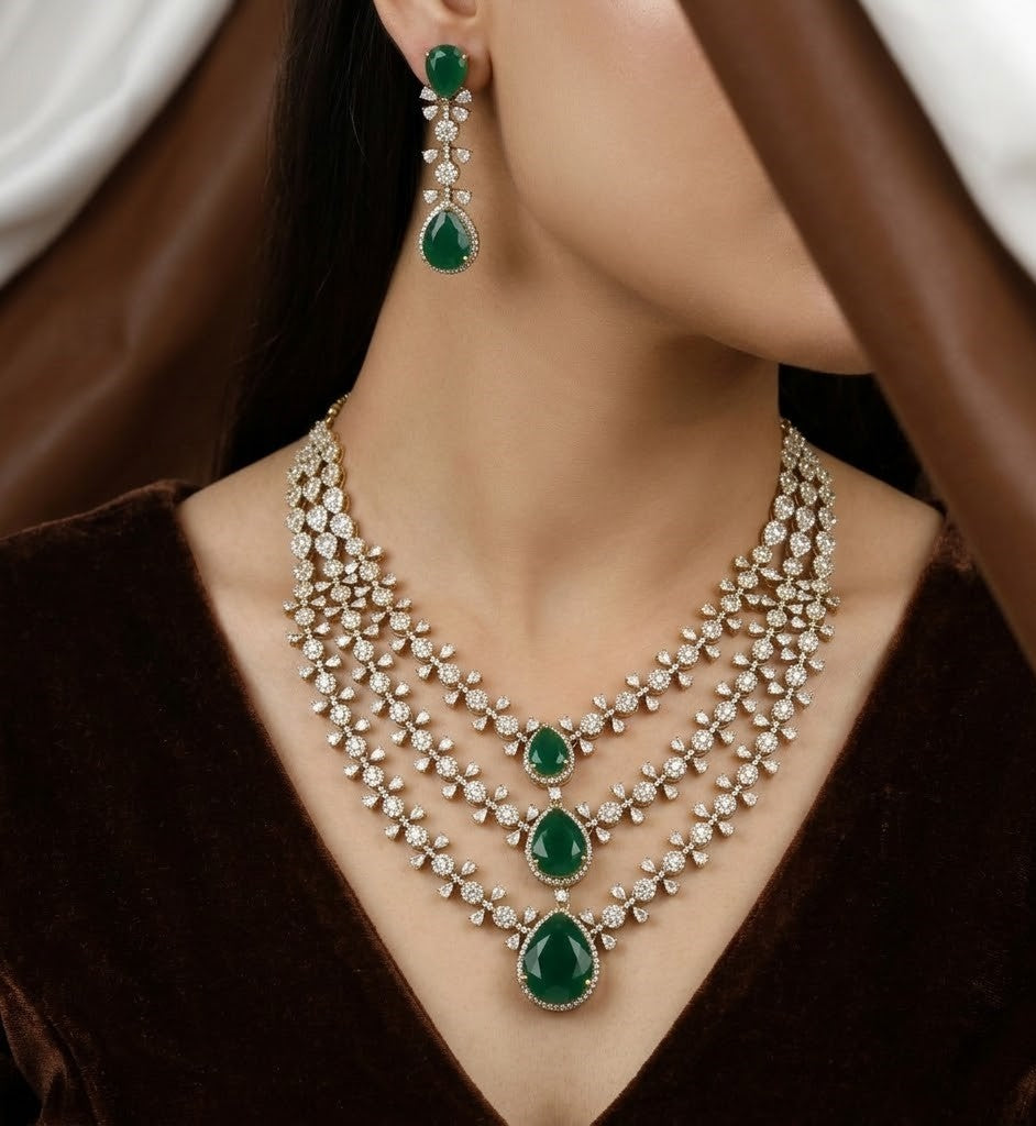 Mehndi Polished Sparkling CZ Vine Leaf Necklace & Chandelier Drop Earring Set