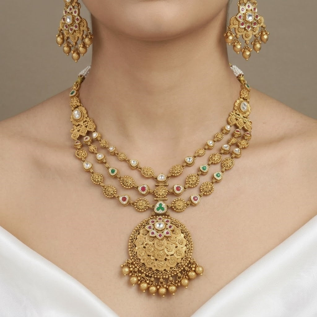 Traditional Layered Antique Gold Tone Wedding Necklace Set