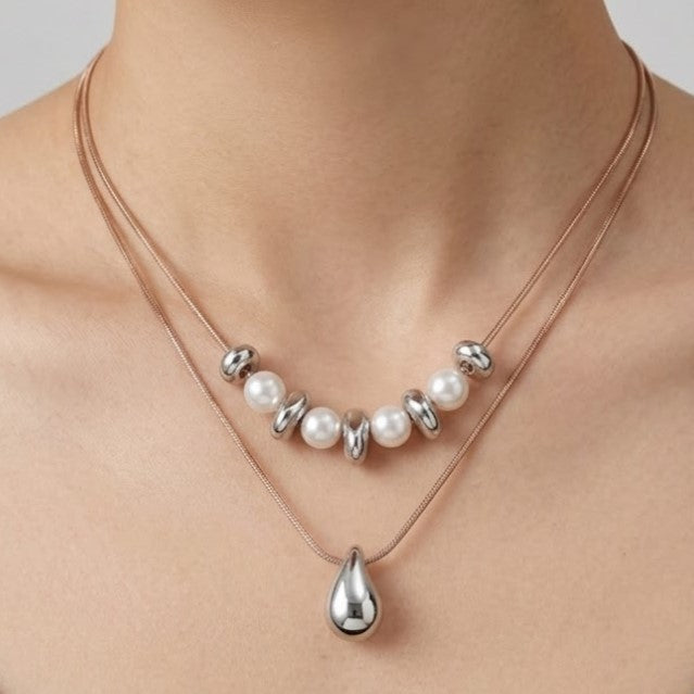 Layered Sterling Silver & Pearl Teardrop Necklace
