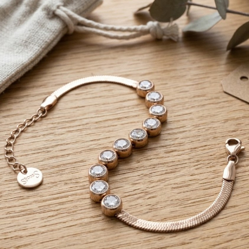 Rose Gold Tone Stainless Steel Crystal Station Bracelet