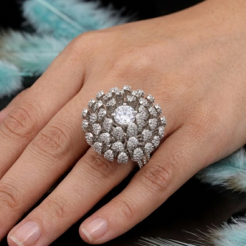 Lotus Flower Design Silver Diamond Ring