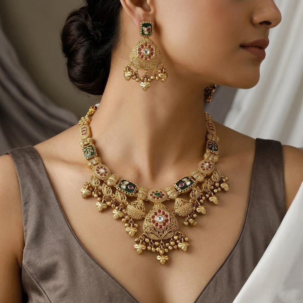 Antique Gold Filigree Necklace Set with Heart-Shaped Charms & Enamel
