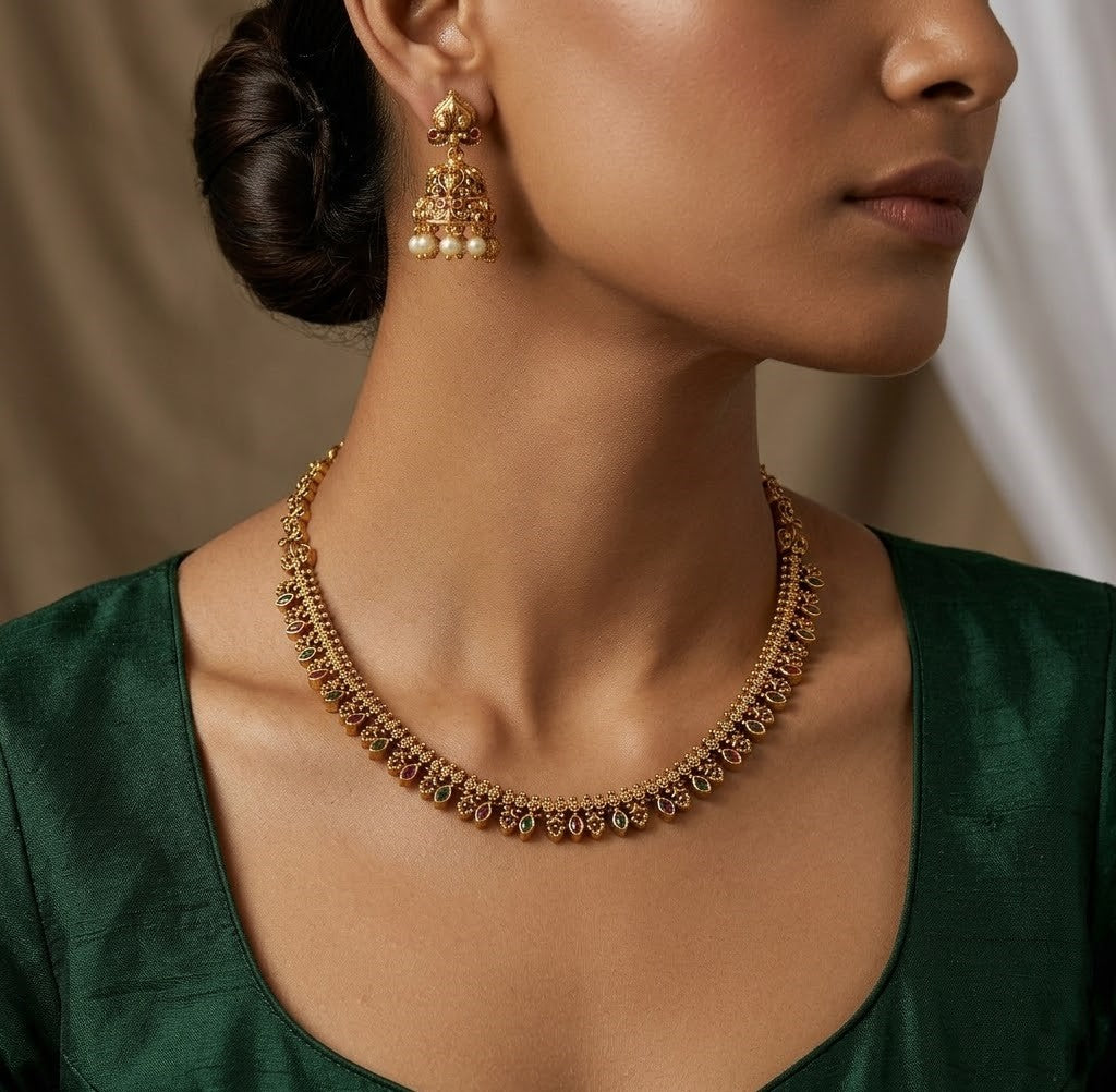 Ethnic South Indian Antique Finish Necklace & Jhumka Set