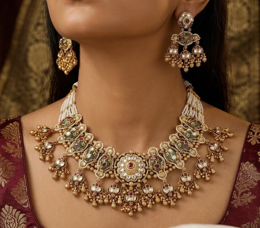 Gold Toned Collar Necklace Set with Linked Ruby & Kundan Medallions