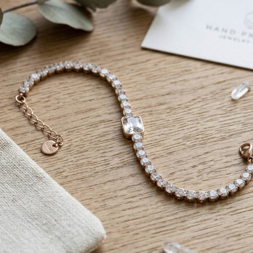 Emerald Cut Center Stainless Steel Crystal Tennis Bracelet