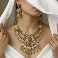 Antique Gold Toned Finish Kundan Necklace Set with Colored Beads