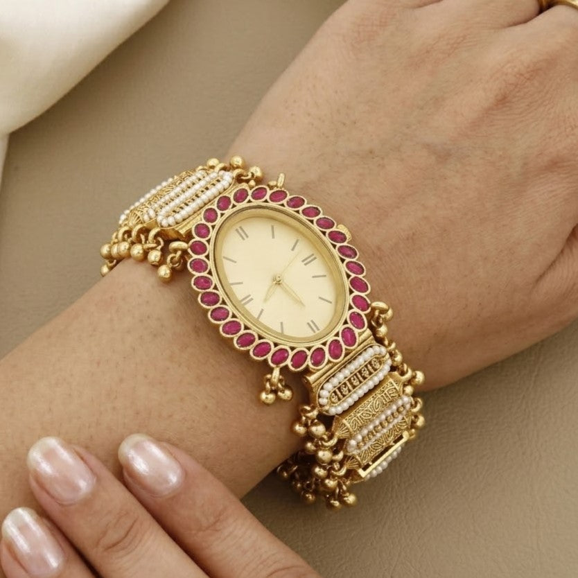 Vintage-Style Watch Bracelet with Ruby Stones & Pearl Accents