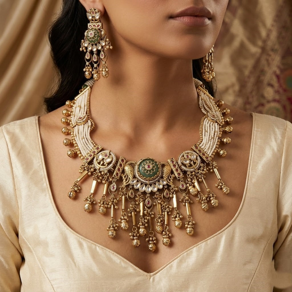 Antique Gold-Plated Kundan Necklace Set with Seed Pearls & Green Meenakari