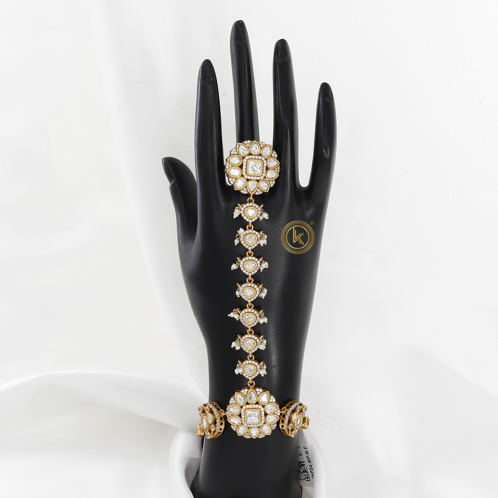 Finely Crafted Gold Hath Bracelet with Kundan Pearls