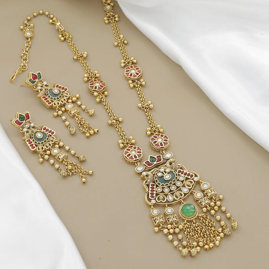 Gold-Plated Floral Necklace Set with Green Onyx & Pearls