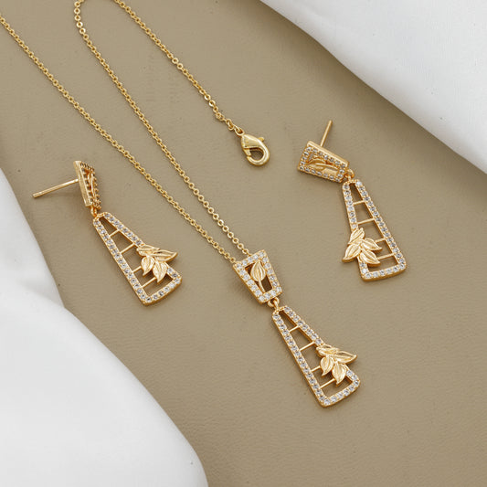 Gold Plated Leaf Design Pendent Earring Set