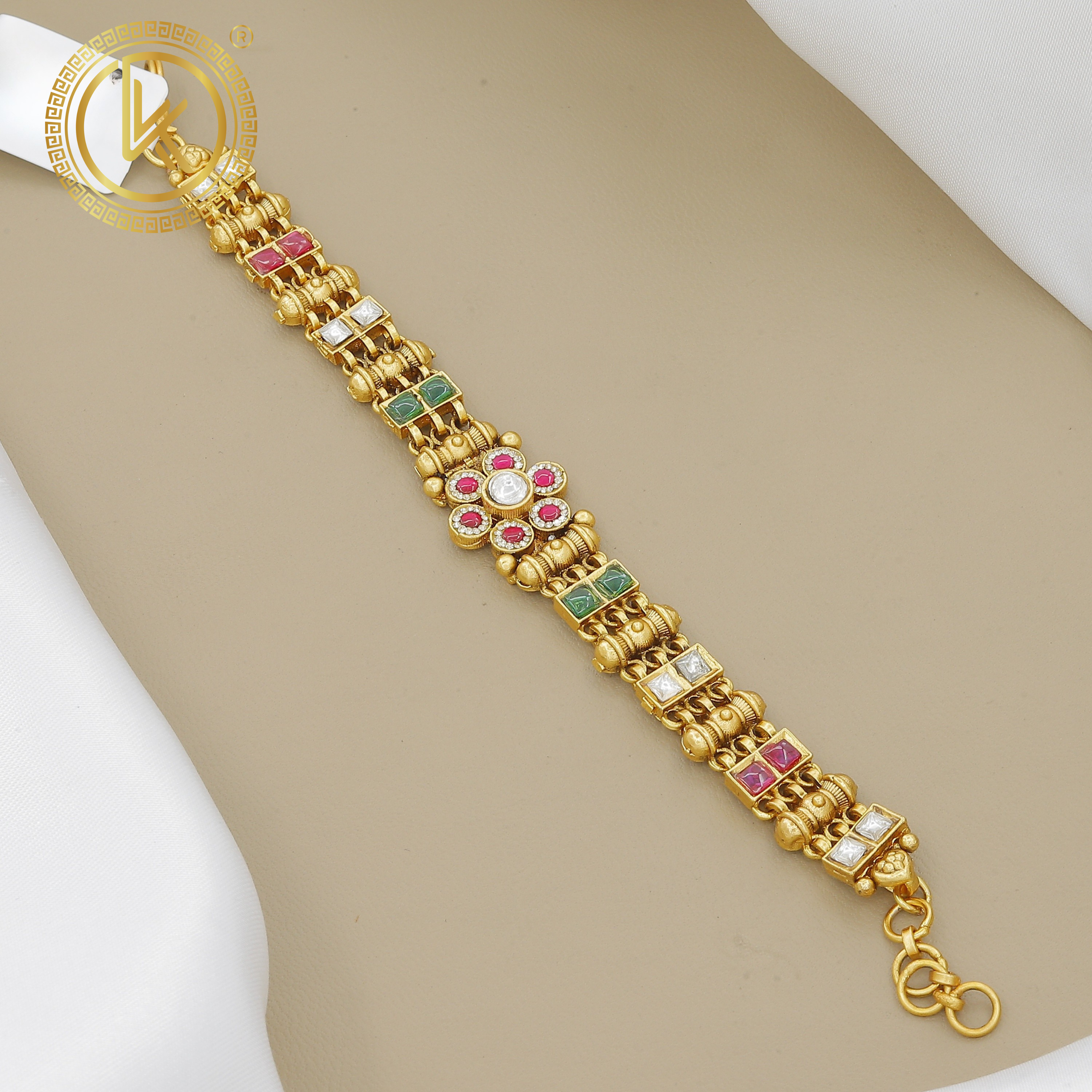 Gold Plated Ruby and Emerald Embellished Bracelet