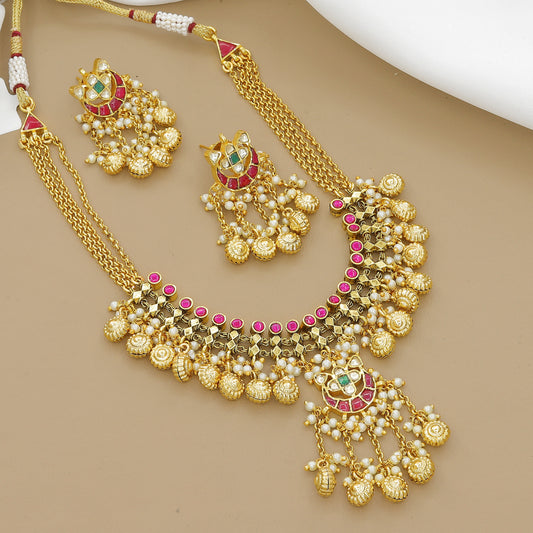 Grand Antique Gold Plated Choker Necklace with Pink and Green Stones