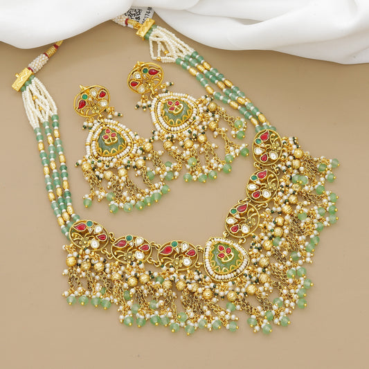 Grand Kundan-Style Choker Necklace Set with Green and Red Stones