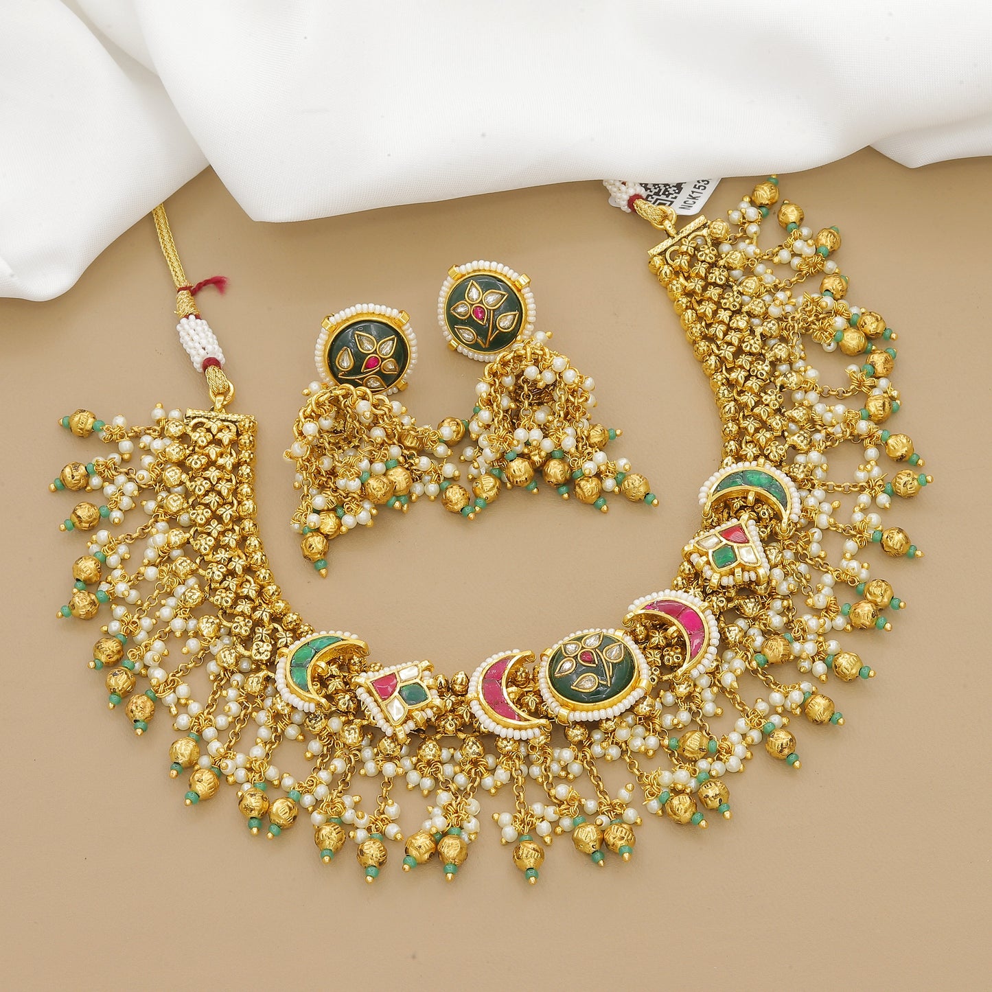 Grand Kundan-Style Choker Necklace with Green and Pink Enamel Work