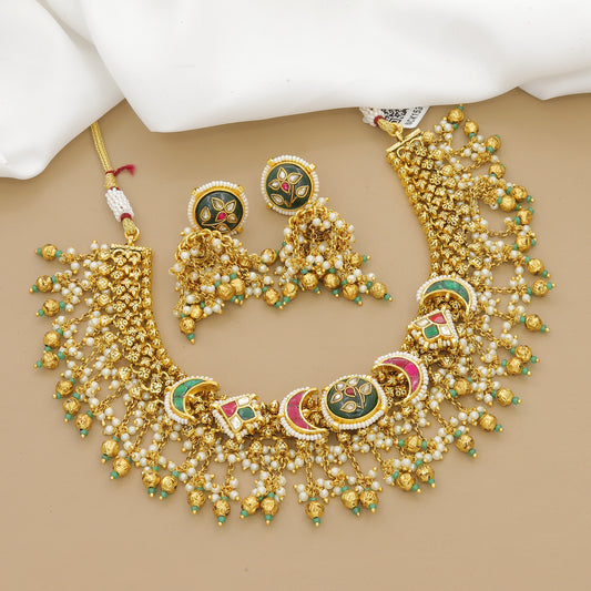 Grand Kundan-Style Choker Necklace with Green and Pink Enamel Work
