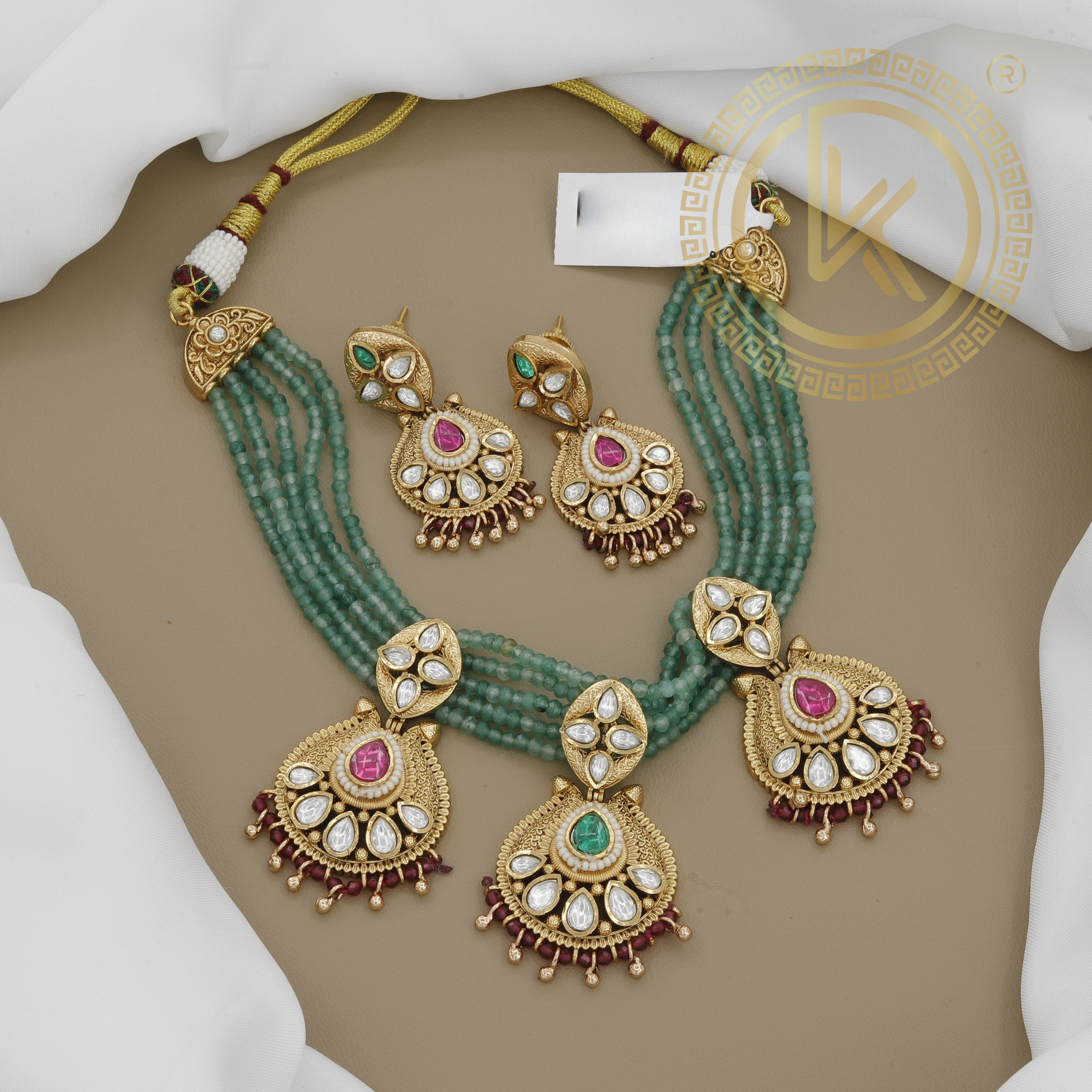 Green Beads Kundan Paisley Pendant Necklace Set