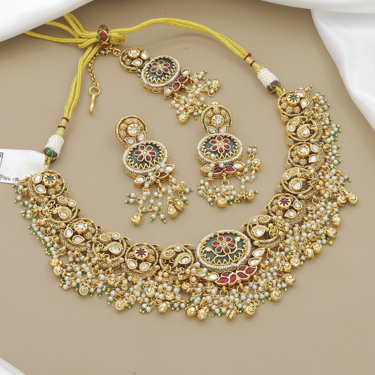 Hand-Carved Jade-Inspired Floral Pendant Set with Pearl Drops