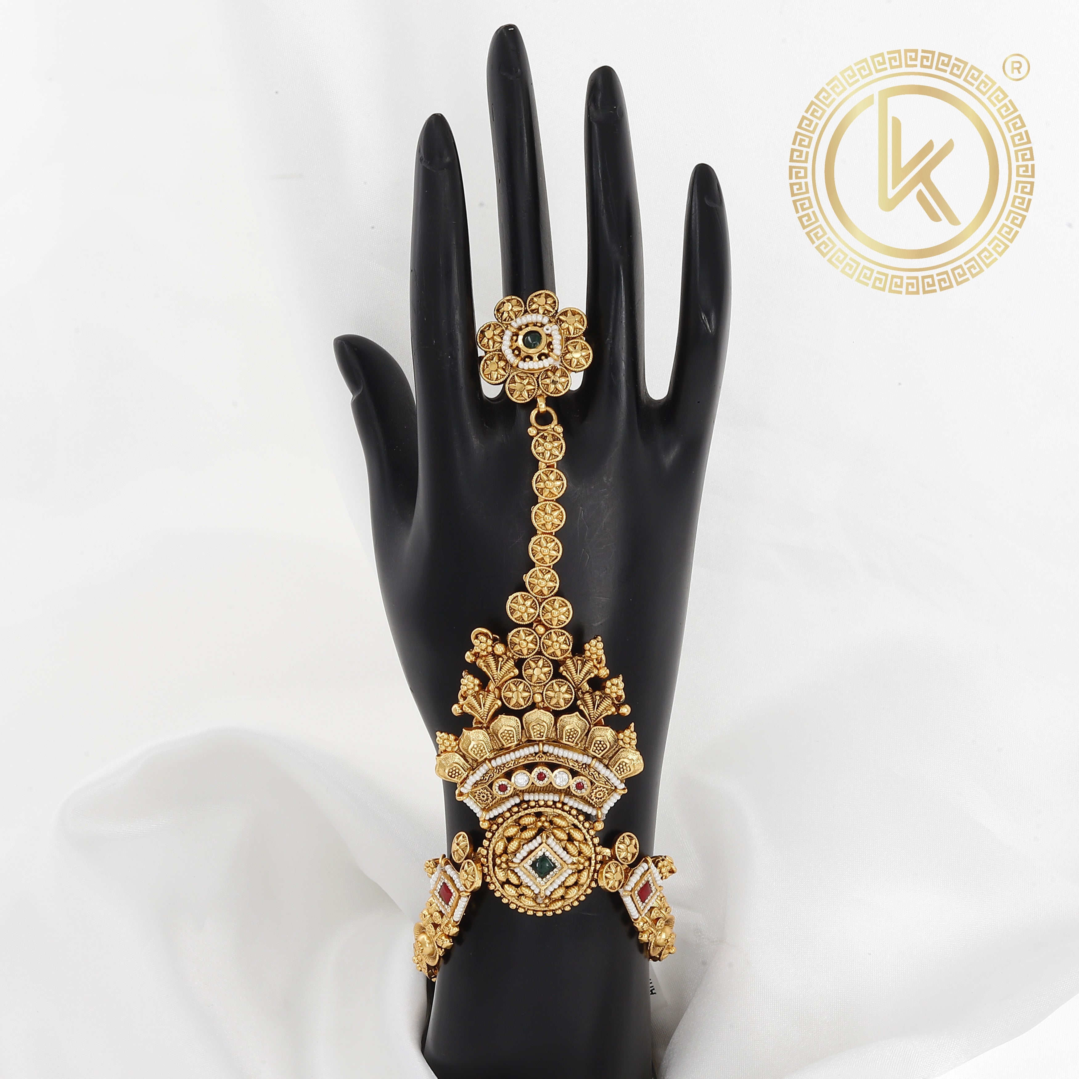 Intricate Gold-Tone Kundan/Polki Hath Panja with Pearls