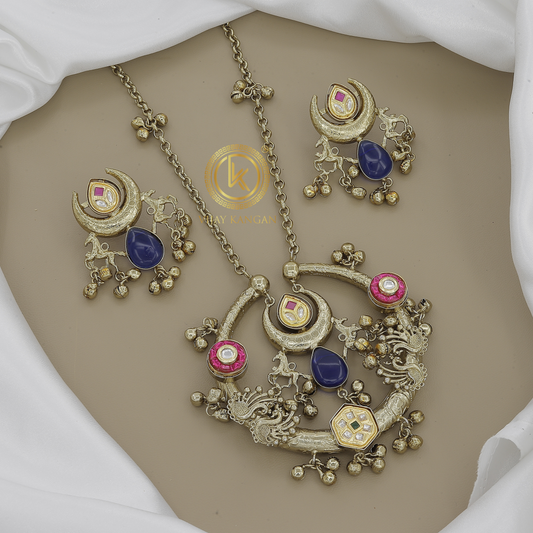 Intricate Oxidized Gold Necklace Set with Colorful Accents