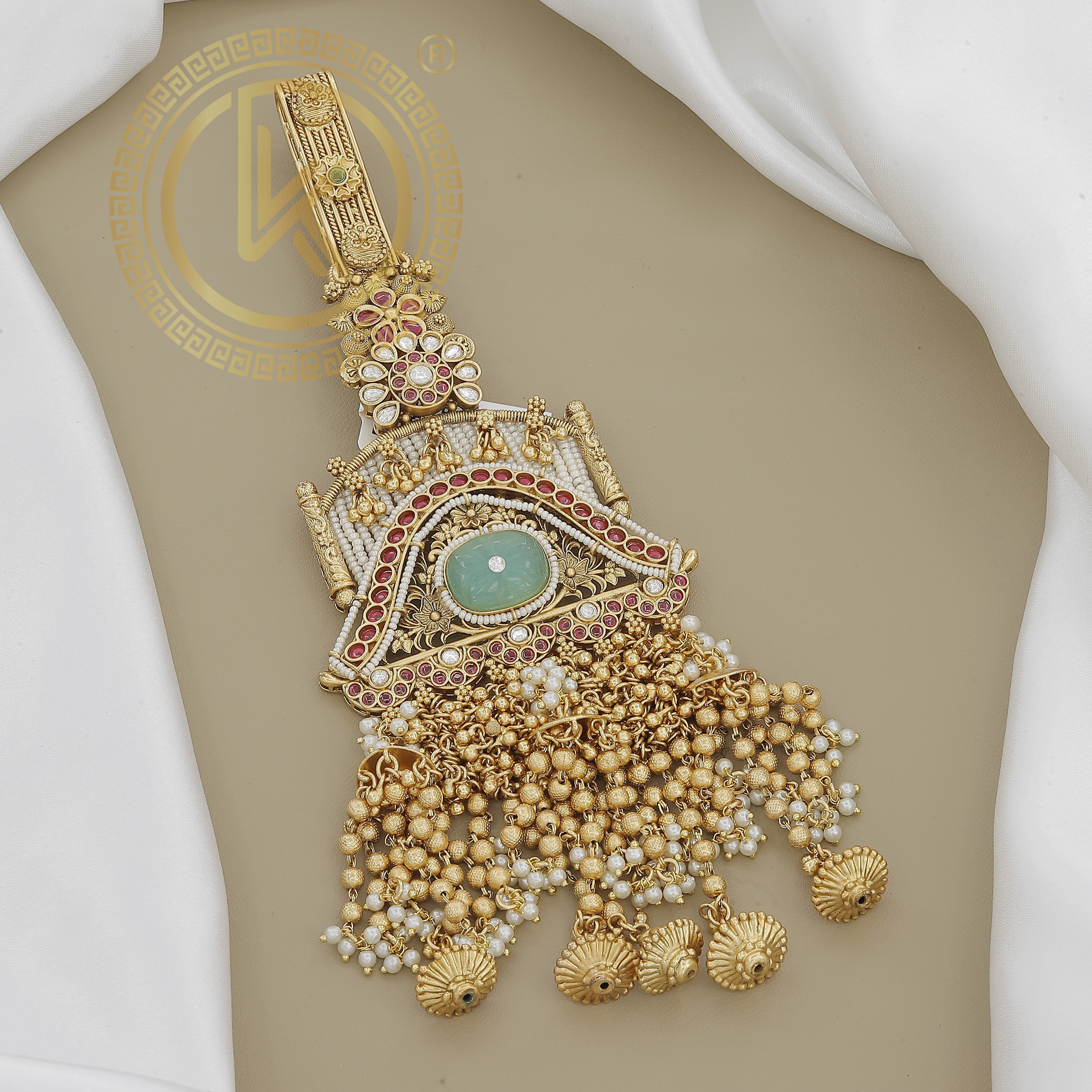 Ornate Temple-Inspired Belly Juda with Green Stone and Pearl Tassels