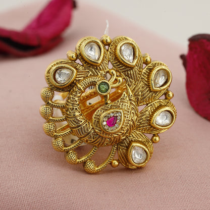 Peacock Design Antique Gold Plated Freesize Ring