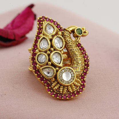 Peacock Shape Antique Wedding Kundan Freesize Ring