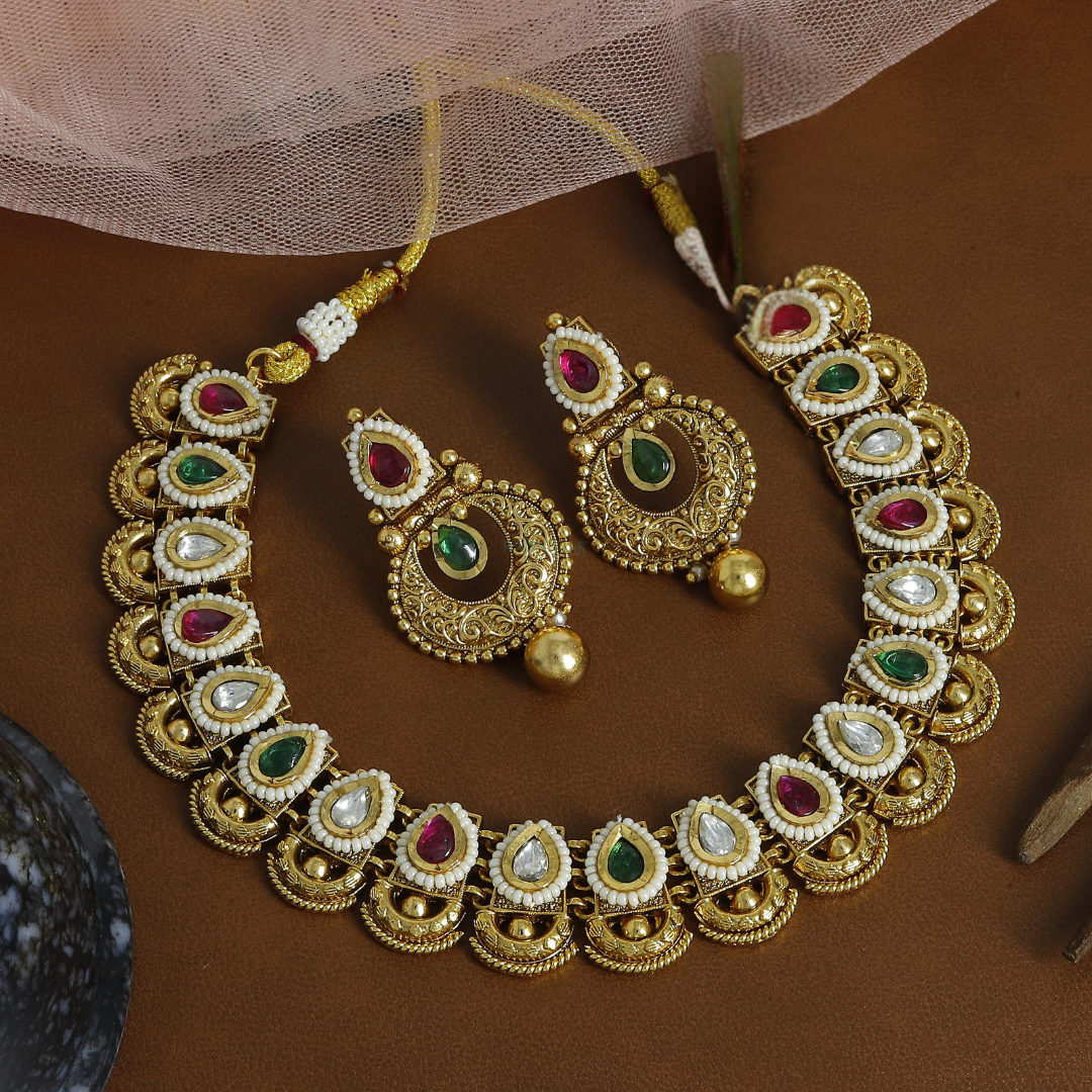 Pear Shape Kundan Multi Color Short Necklace