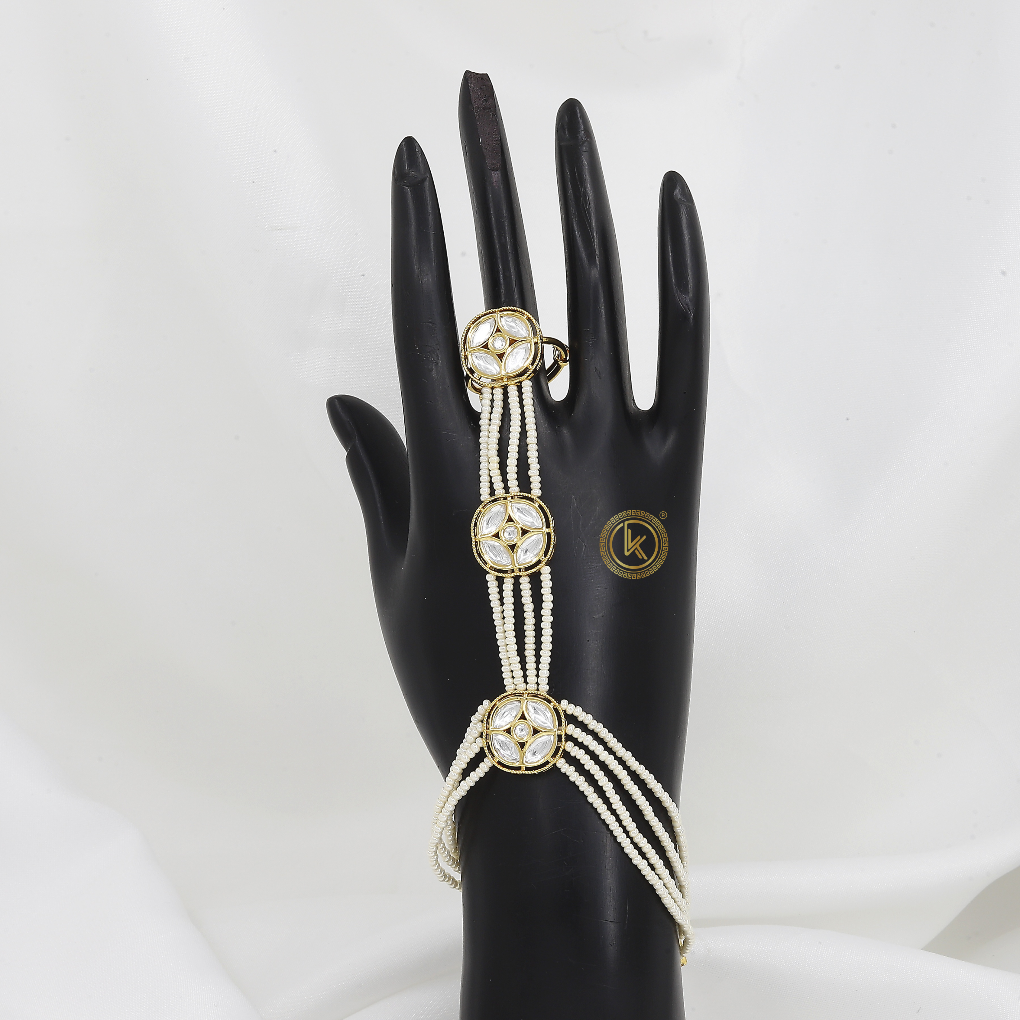 Pearl Hath Panja with Gold & White Stone Settings