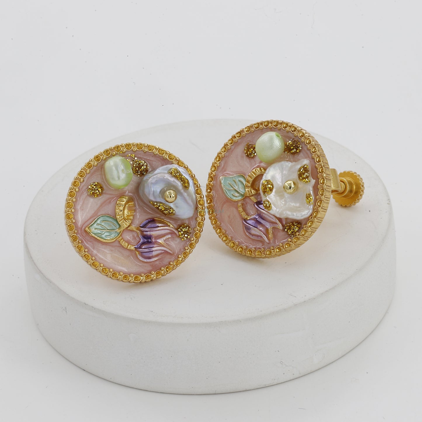 Pink Color Flower Design Vintage Round Earrings