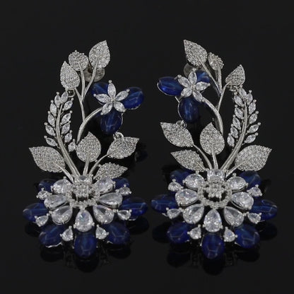 Flower Design Long Silver Earrings