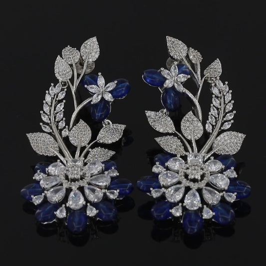 Flower Design Long Silver Earrings