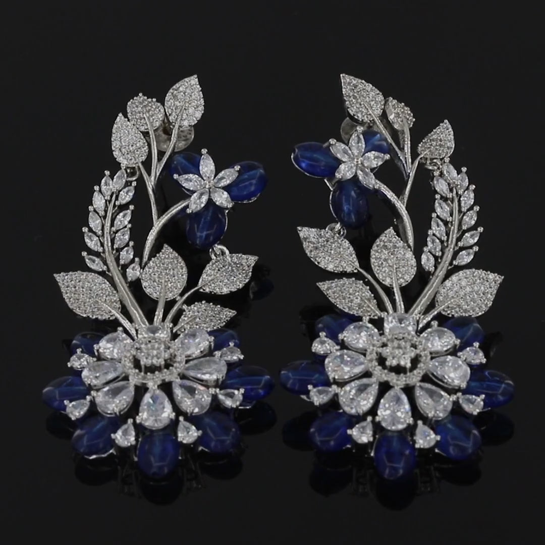 Flower Design Long Silver Earrings