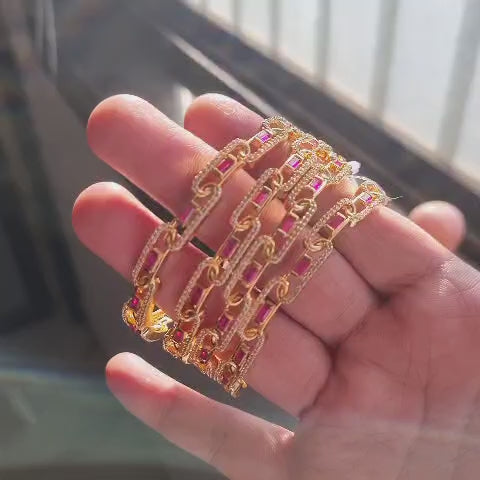 Bold Gold-Tone Chain Link Ruby & CZ Bangle Set of 4