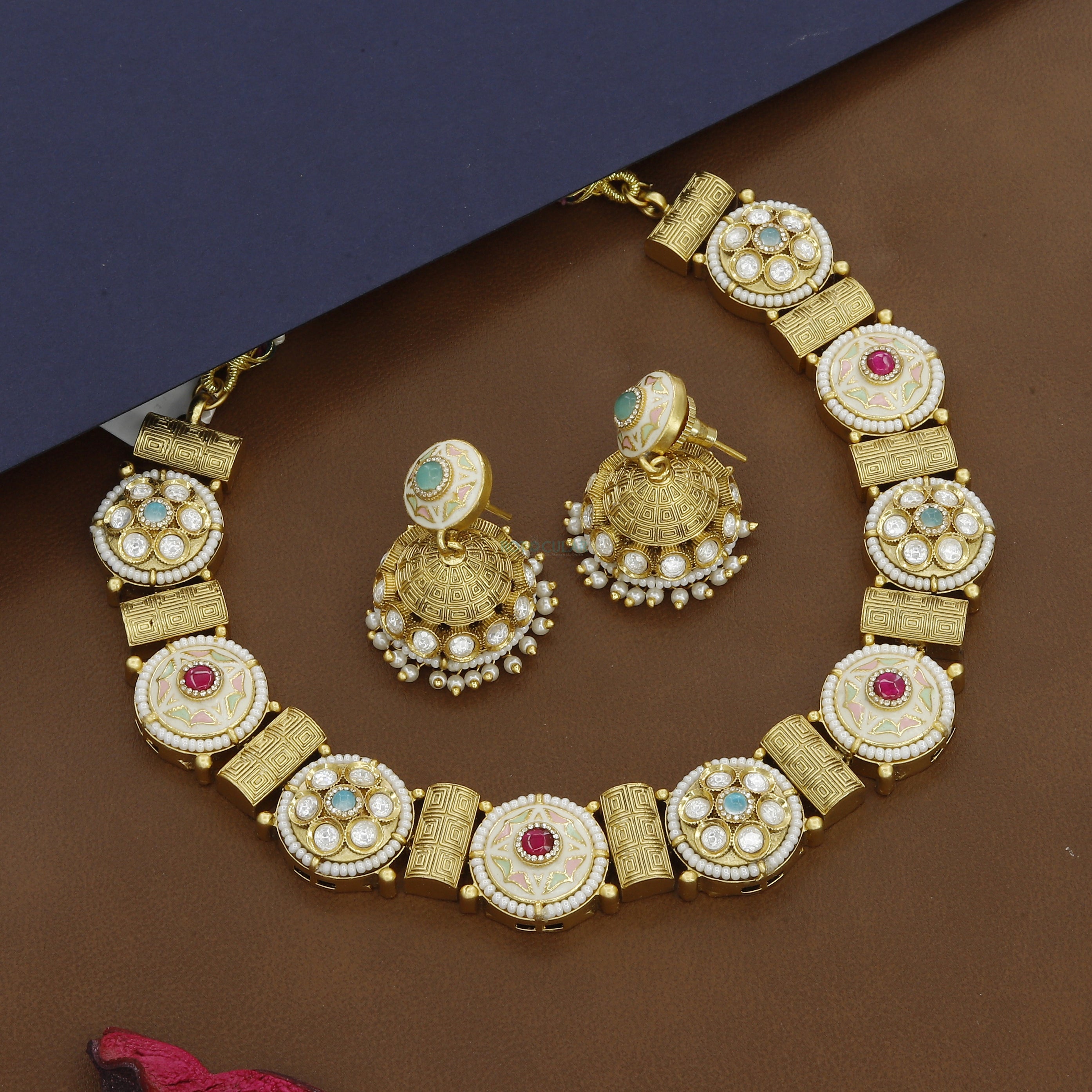 Real Gold Tone Wedding Short Necklace With Jumkhas